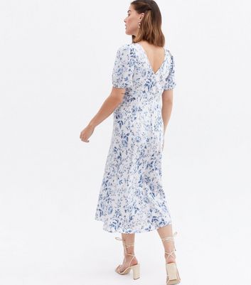 Maternity White Floral Puff Sleeve Midi 