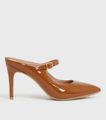 shop for Tan Patent Pointed Stiletto Heel Mules New Look Vegan at Shopo