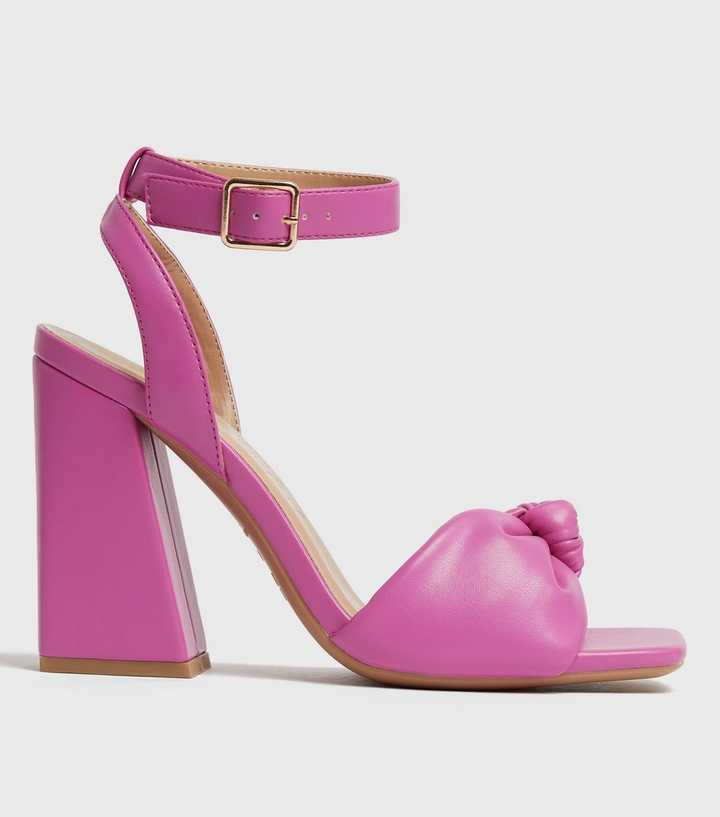 Bright Pink Knot Flared Block Heel Sandals