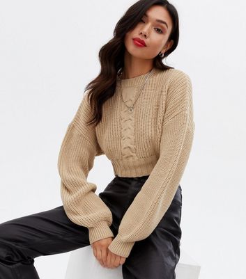 Light Brown Cable Knit Crop Jumper 