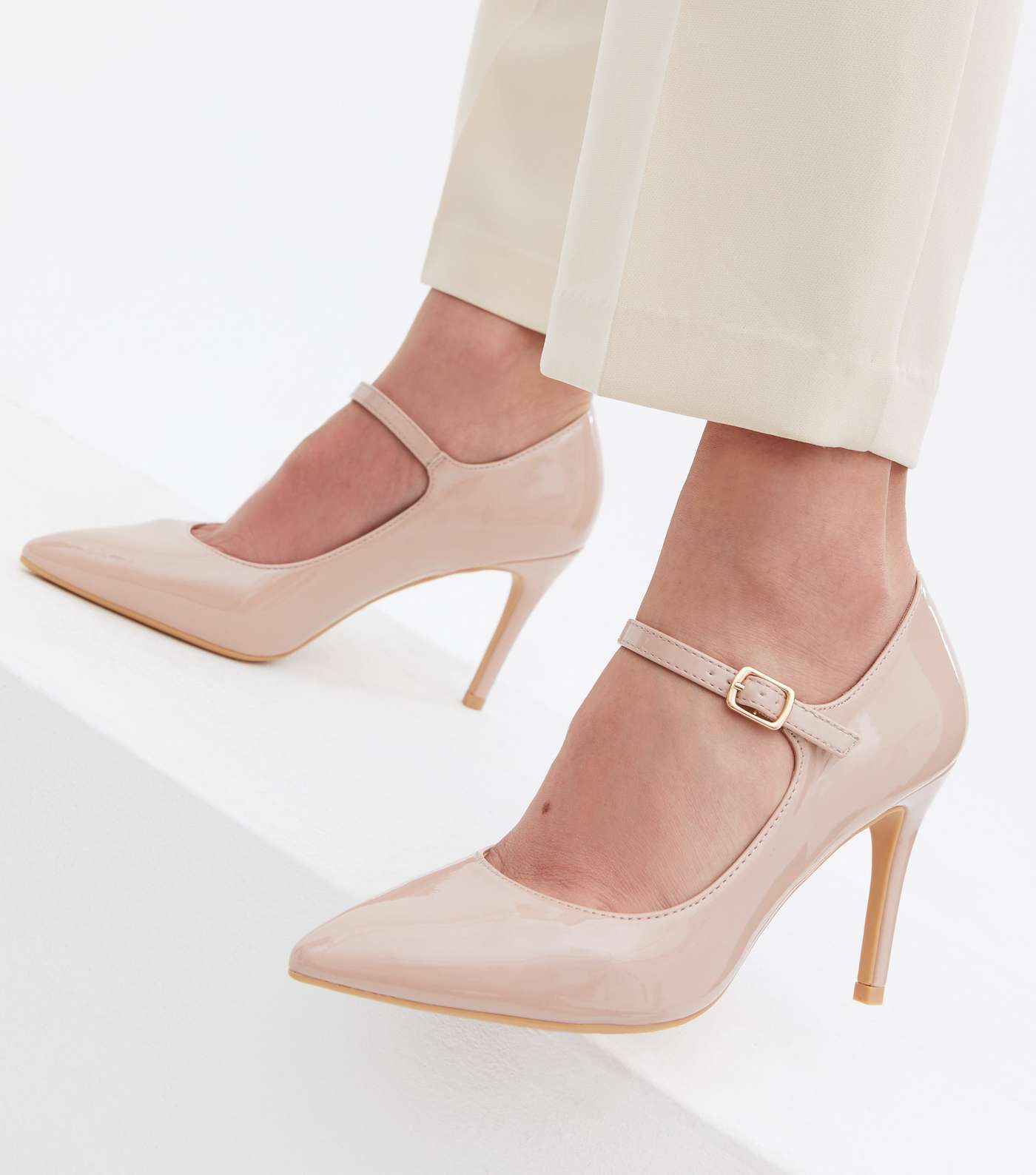 Pale Pink Patent Buckle Stiletto Heel Court Shoes Image 2