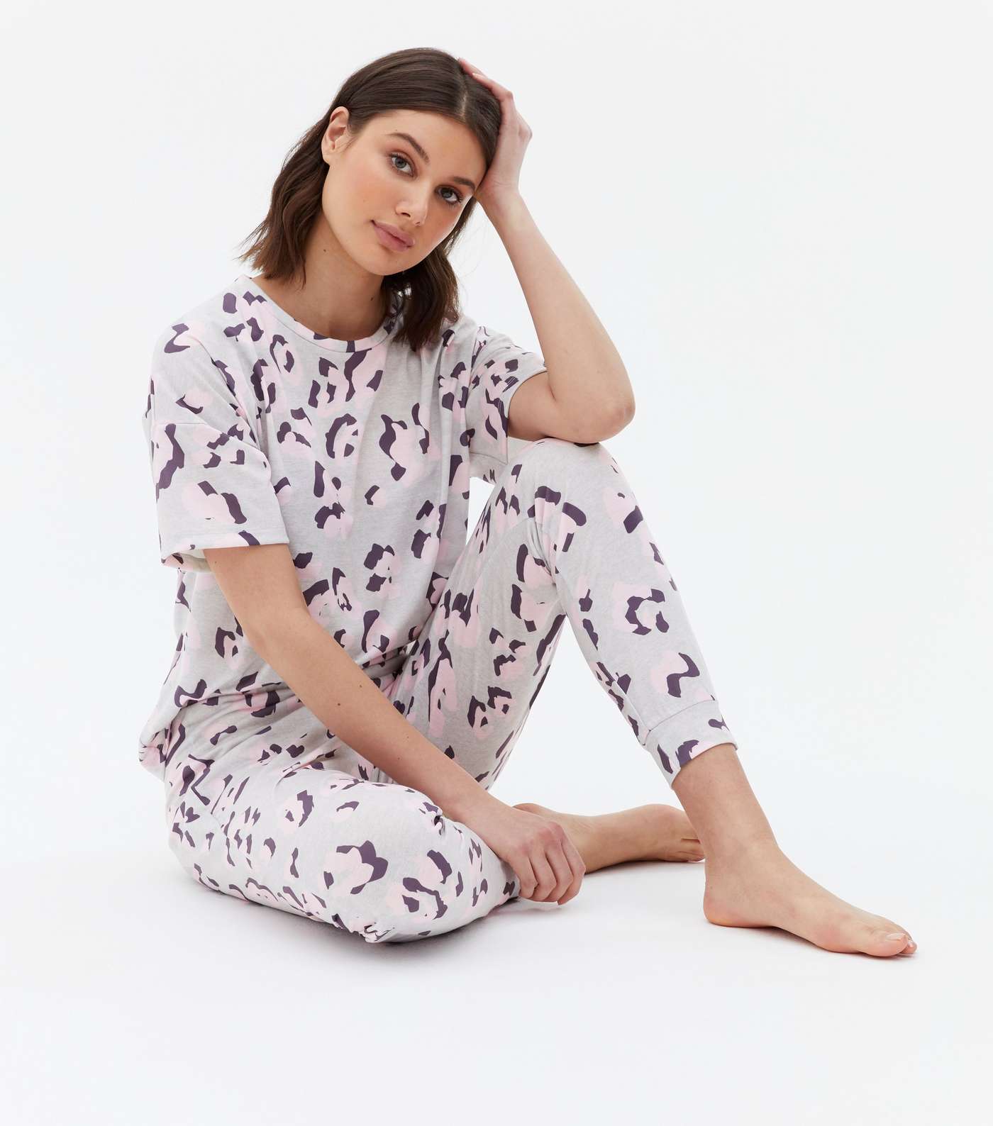 Light Grey Soft Touch Legging Pyjama Set with Animal Print
