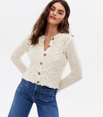 Cream Knit Cable Knit Button Crew Neck 