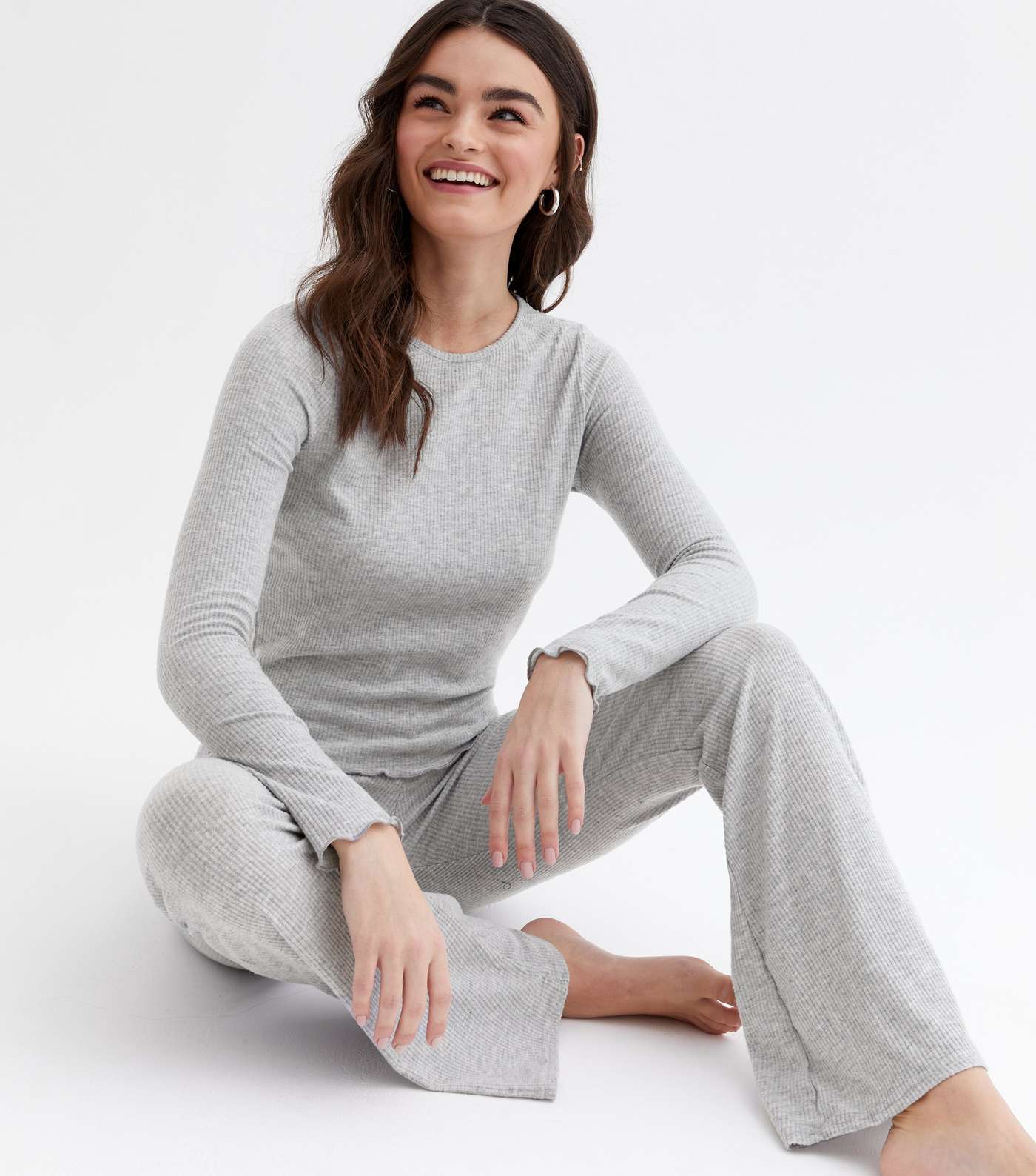 Grey Ribbed Top and Flared Trouser Lounge Set