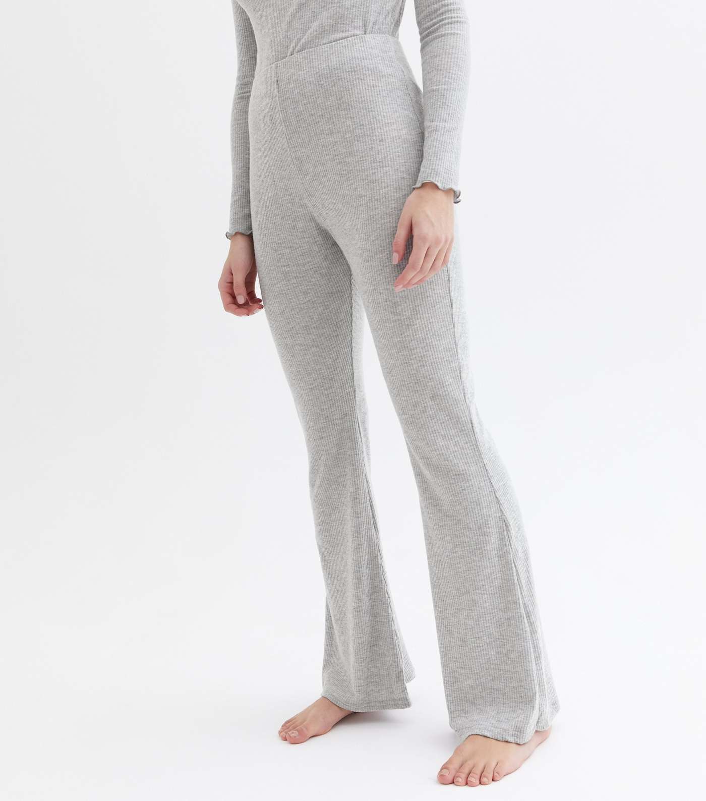 Grey Ribbed Top and Flared Trouser Lounge Set