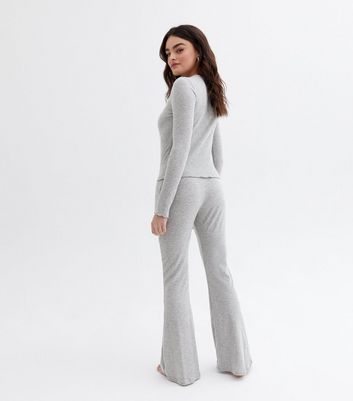 Grey Ribbed Top and Flared Trouser Lounge Set