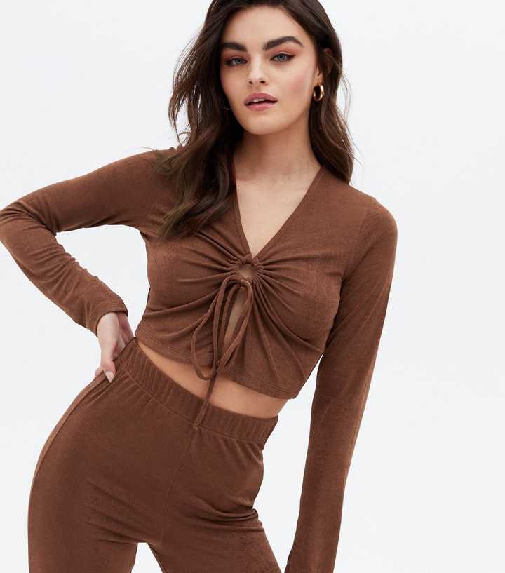 Dark Brown Slinky Tie Front Crop Top