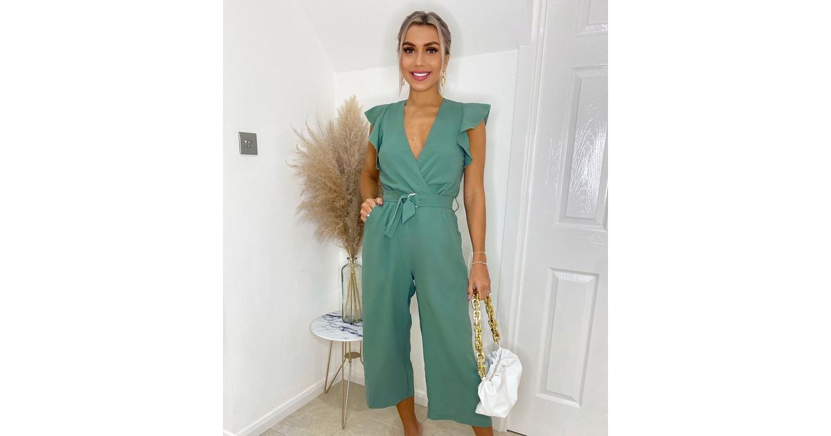 AX Paris Green Frill Belted Crop Wrap Jumpsuit New Look