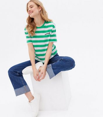 Green Stripe Happiness Logo Boxy T Shirt New Look