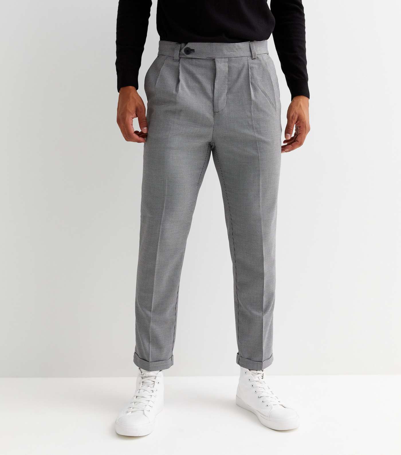 Black Check Double Pleated Tapered Trousers Image 2