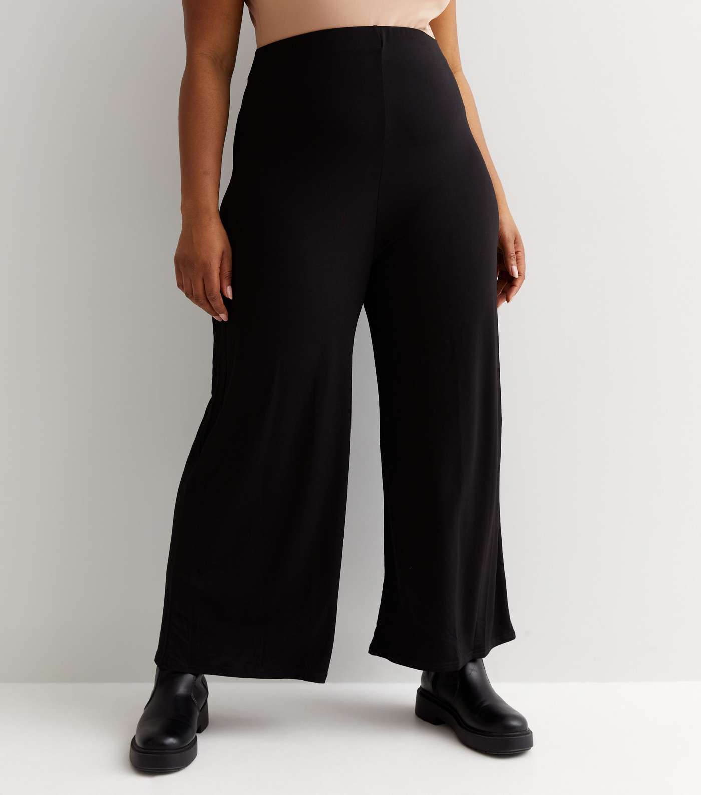 Curves Black Jersey Wide Leg Trousers Image 2