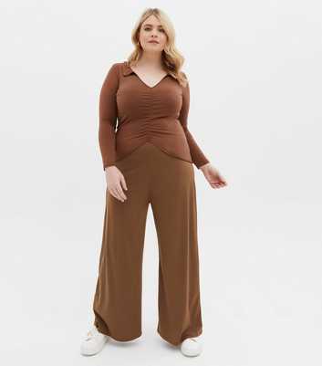 Curves Brown Jersey Wide Leg Trousers