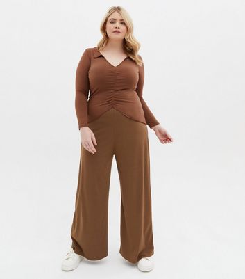 Curves Brown Jersey Wide Leg Trousers 
