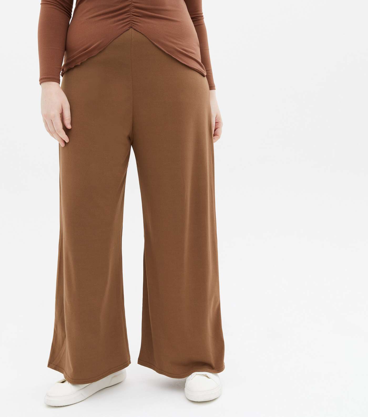 Curves Brown Jersey Wide Leg Trousers Image 2