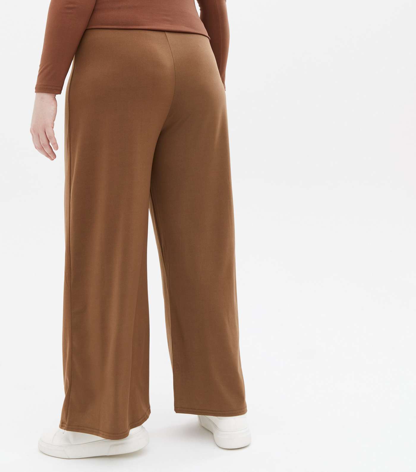 Curves Brown Jersey Wide Leg Trousers Image 4