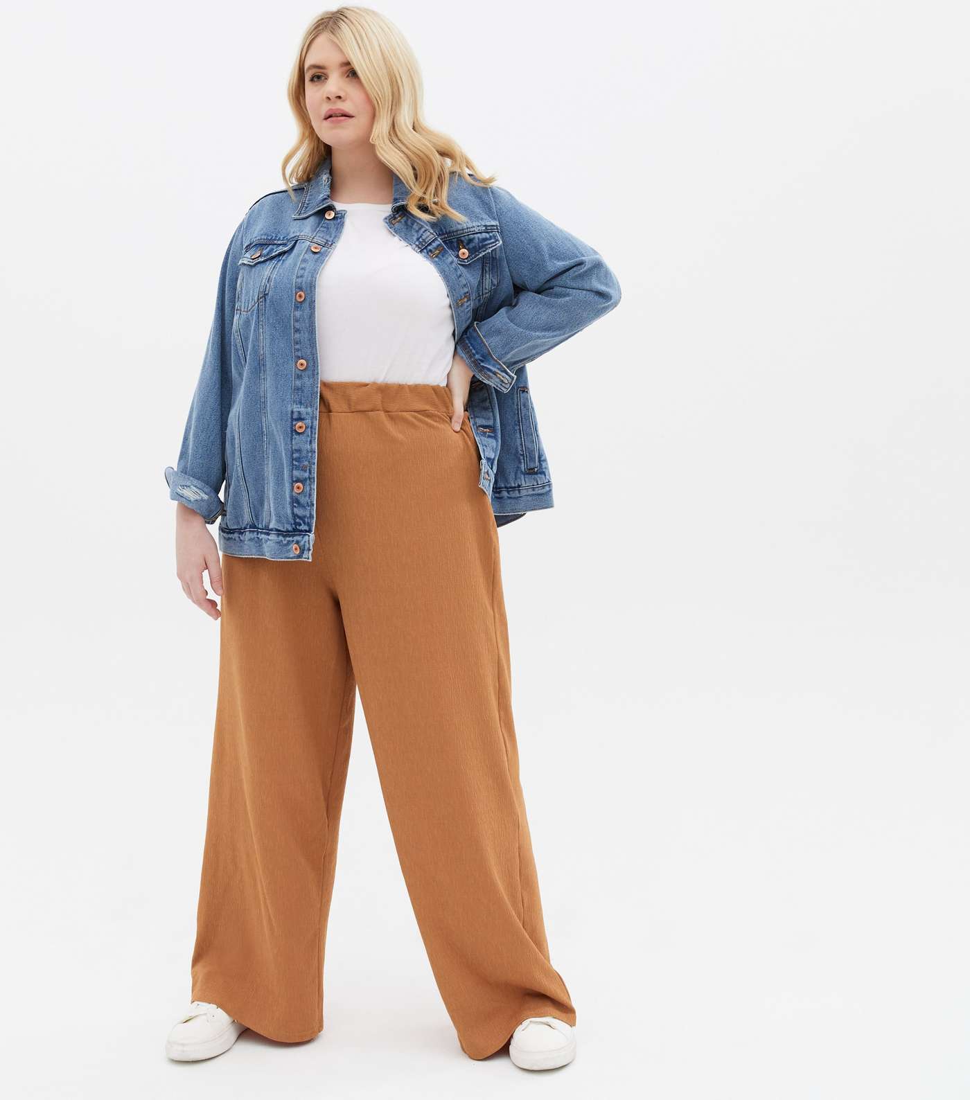 Curves Camel Textured Jersey Wide Leg Trousers