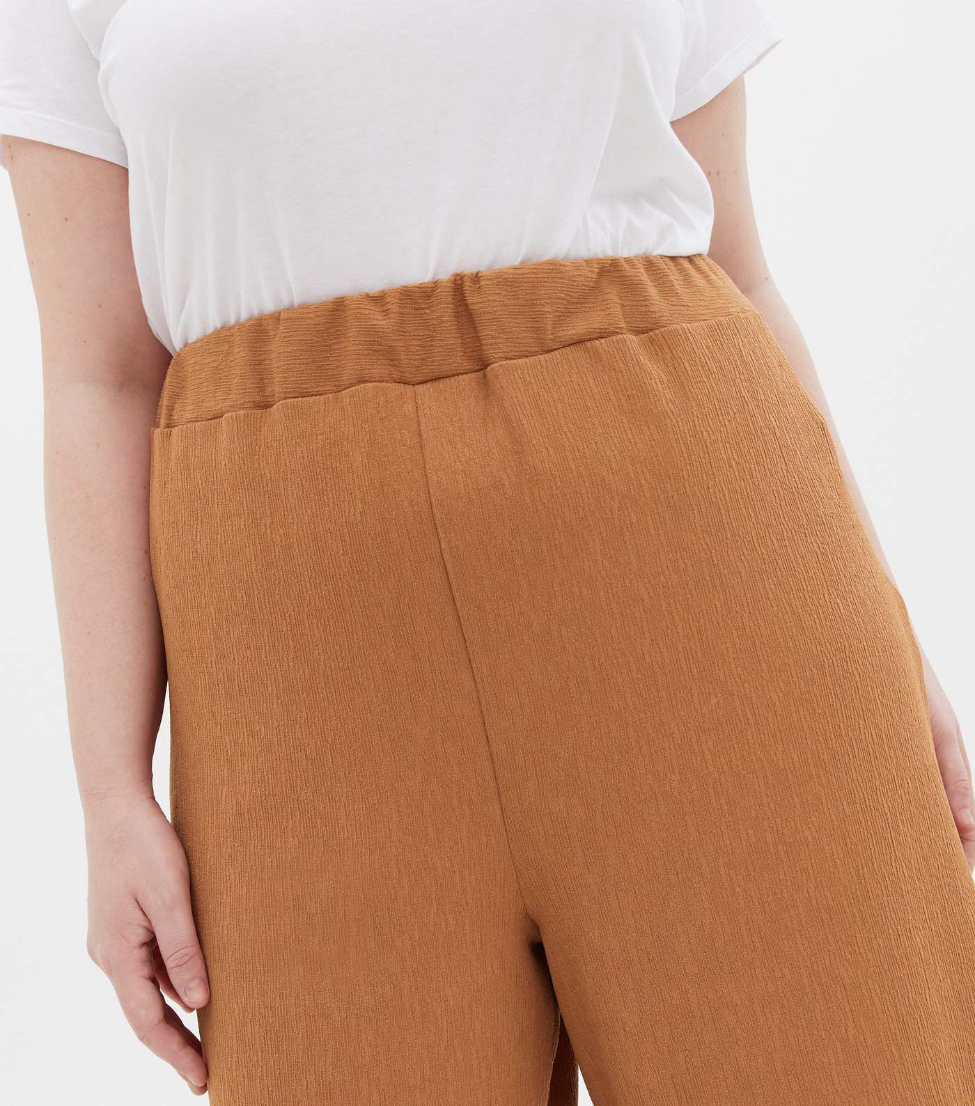 Curves Camel Textured Jersey Wide Leg Trousers Image 3