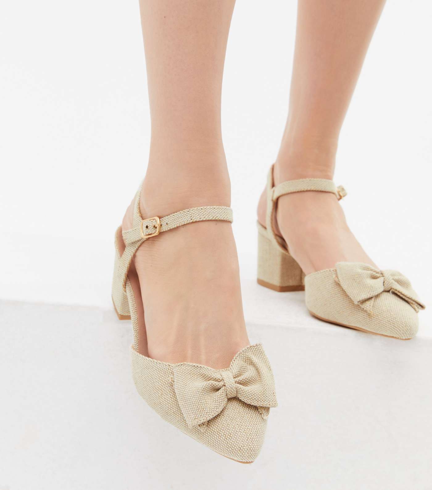 Wide Fit Off White Bow 2 Part Low Block Heel Sandals Image 2