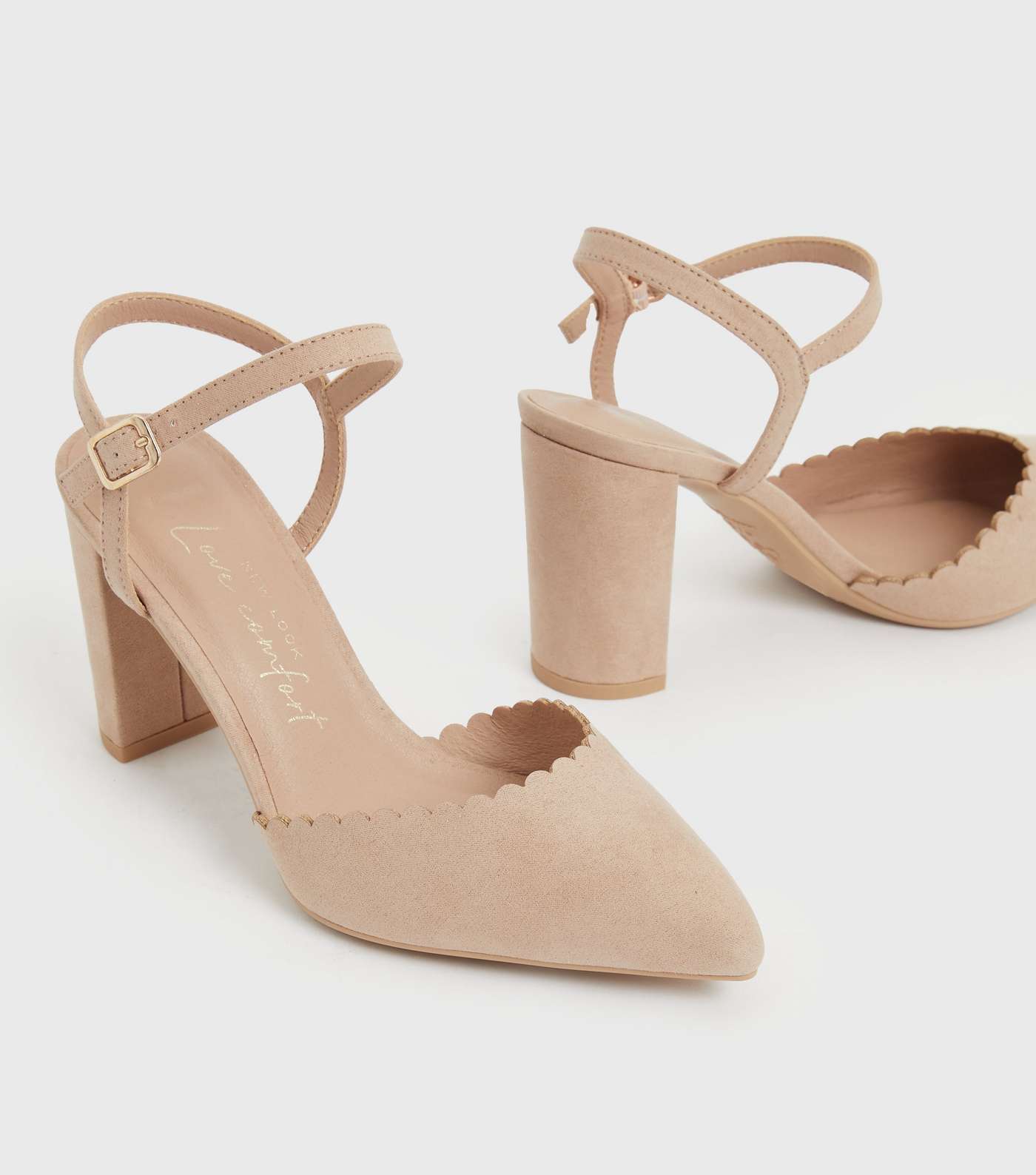 Wide Fit Pale Pink Suedette Scallop Block Heel Court Shoes Image 3