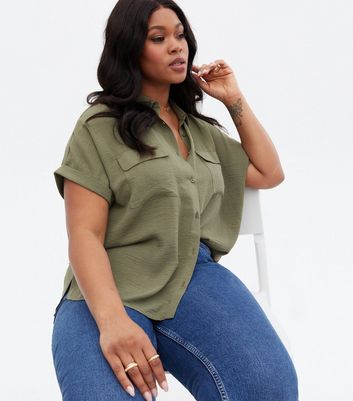 Curves Khaki Double Pocket Short Sleeve 