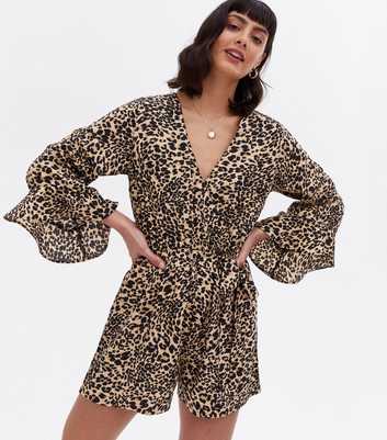 Brown Leopard Print Crepe Wrap Playsuit