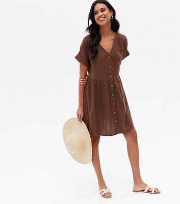 V Neck Button Up Mini Smock Dress 