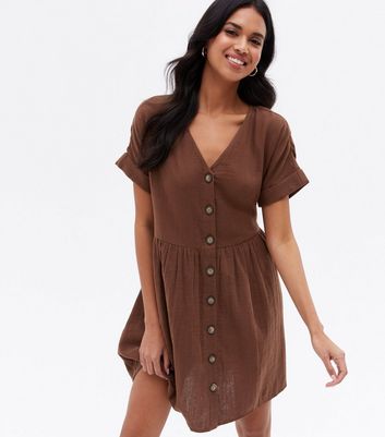 Dark Brown V Neck Button Up Mini Smock 