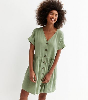 Olive V Neck Button Up Mini Smock Dress 