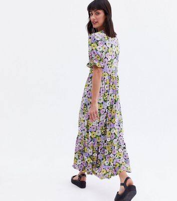 Click to view product details and reviews for Blue Vanilla Purple Floral V Neck Puff Sleeve Midi Dress New Look.