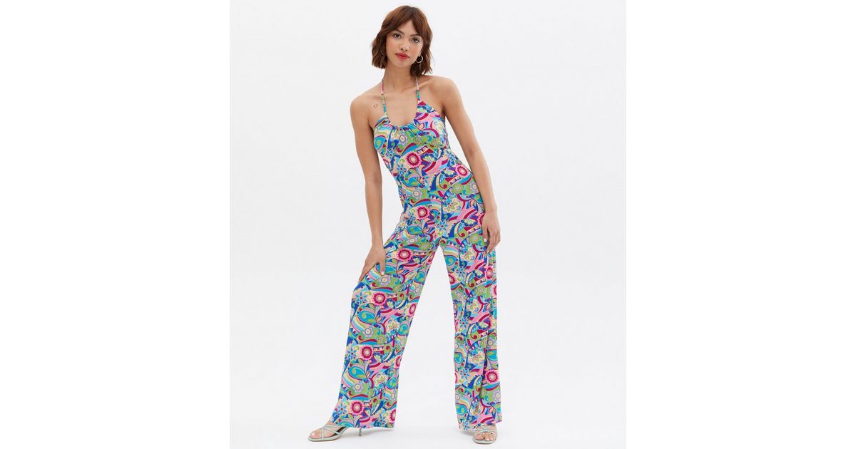 Blue Vanilla Blue Floral Swirl Halter Neck Jumpsuit New Look