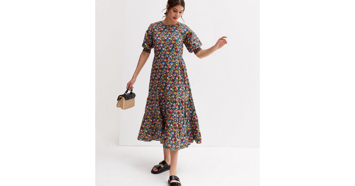 Blue Vanilla Multicoloured Floral Tiered Midi Dress New Look