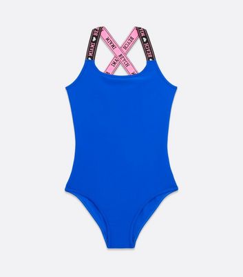 Girls Blue Miami Tape Logo Swimsuit | New Look