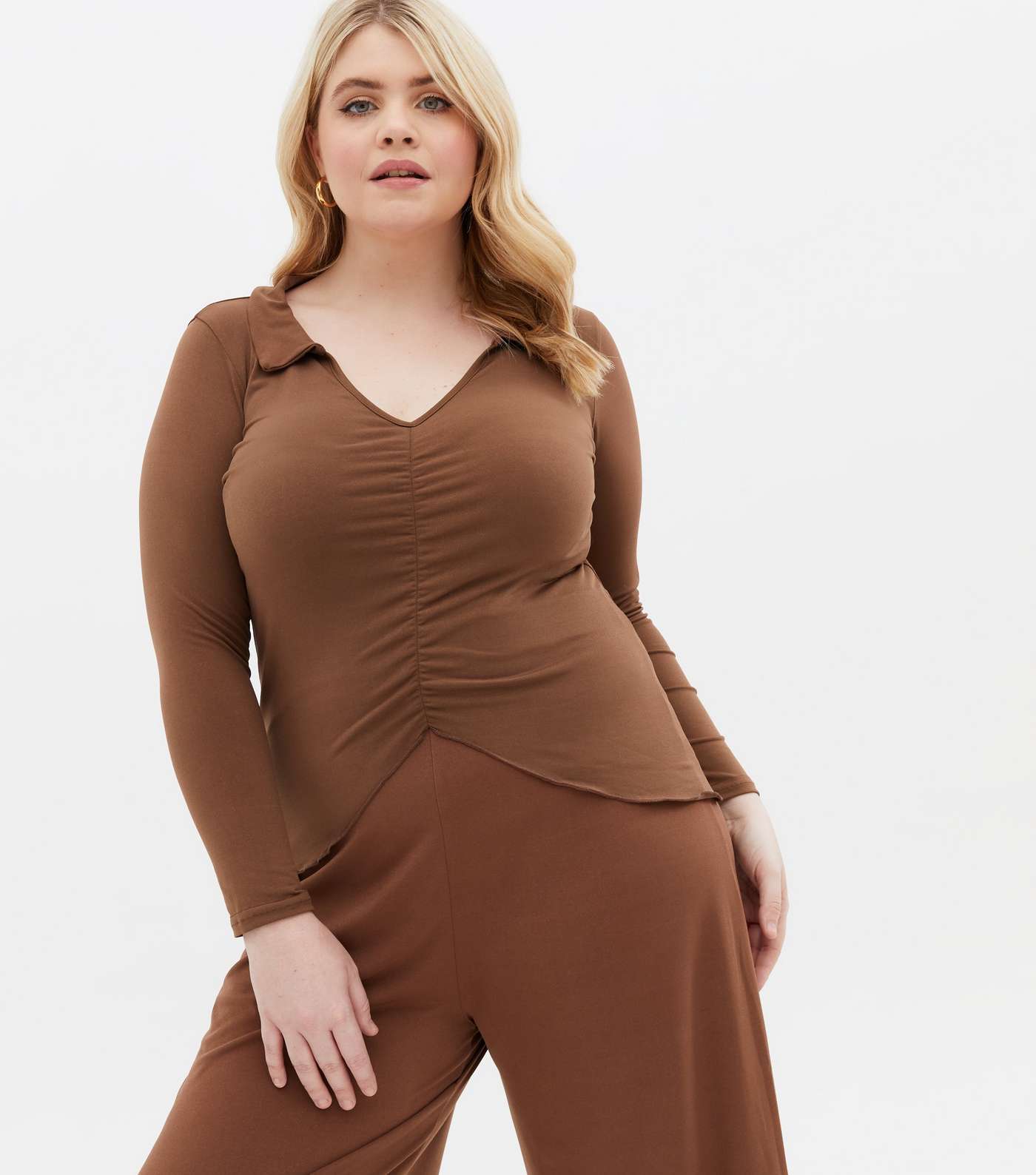 Curves Dark Brown Ruched Collared Top