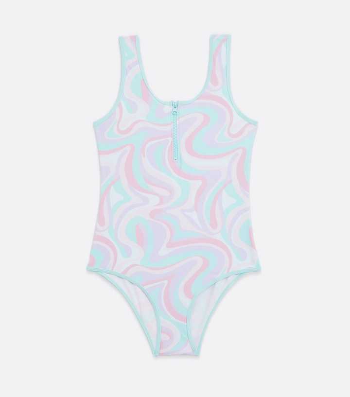 Girls Pale Blue Swirl Zip Swimsuit