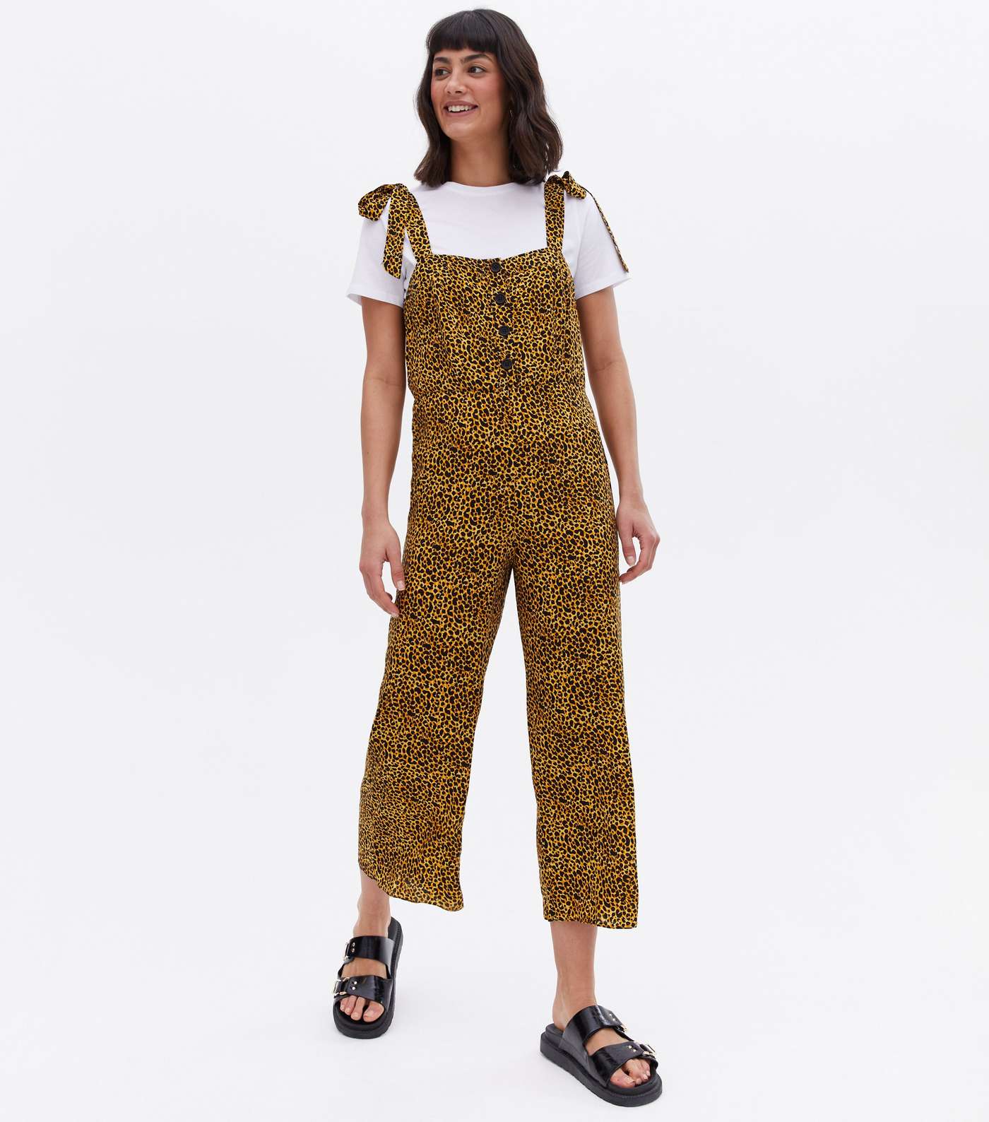 Yellow Animal Print Button Front Wide Leg Crop Jumpsuit