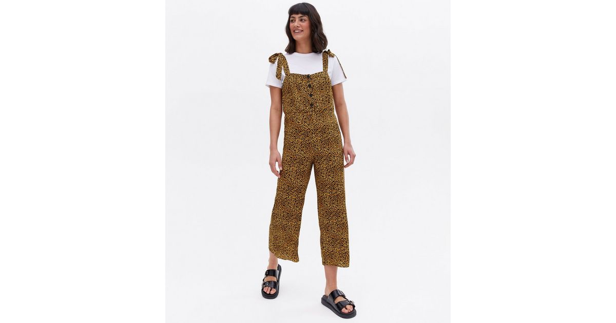 Yellow Animal Print Button Front Wide Leg Crop Jumpsuit | New Look