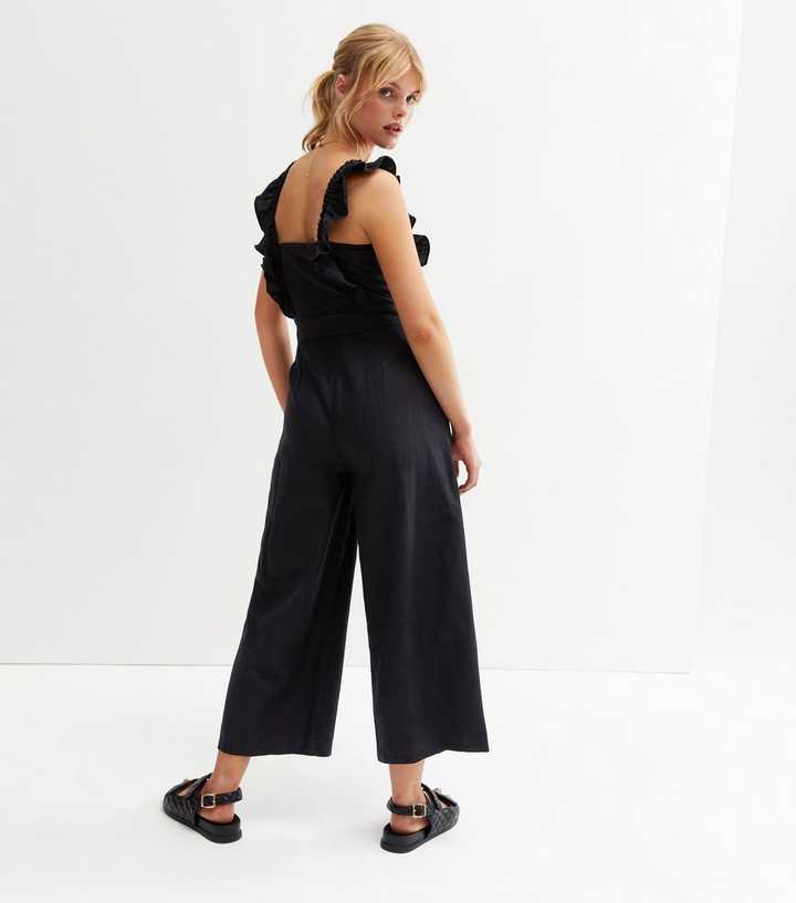 River Island cropped wide leg jumpsuit with square neck in black