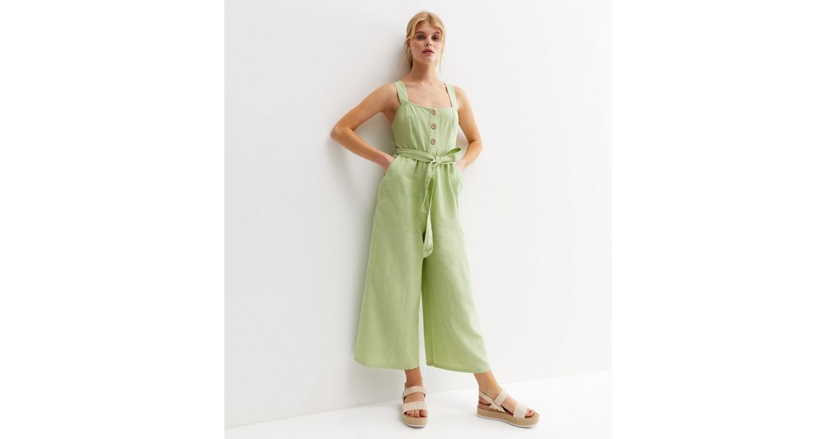 Light Green Square Neck Belted Crop Jumpsuit New Look