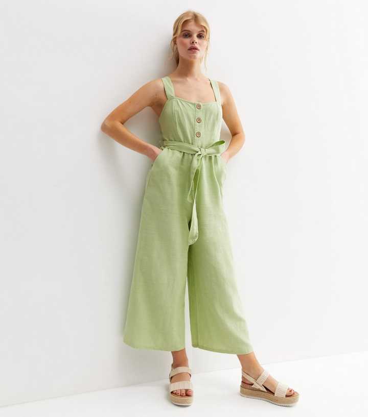 Light Green Square Neck Belted Crop Jumpsuit New Look