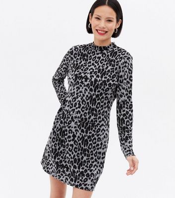 Click to view product details and reviews for Light Grey Jacquard Leopard Print High Neck Tunic Dress New Look.