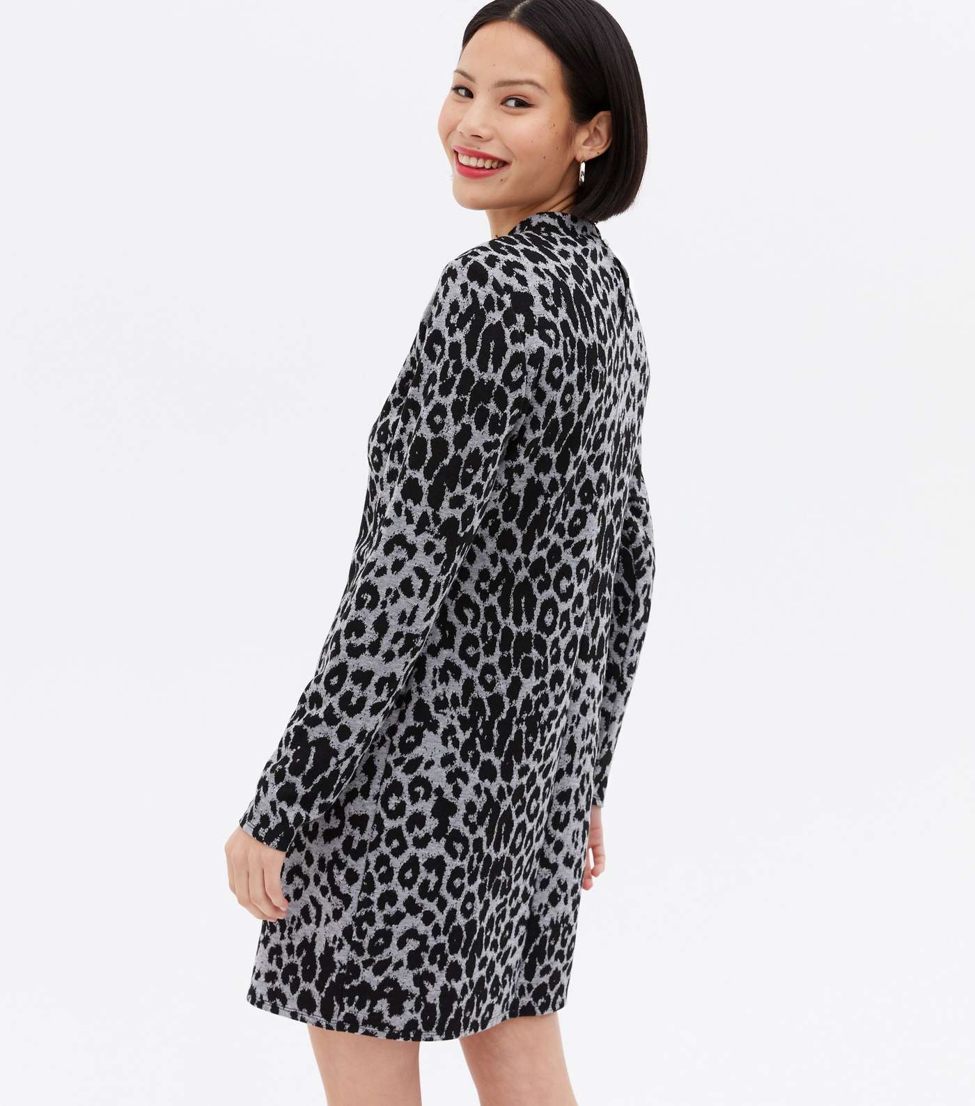Light Grey Jacquard Leopard Print High Neck Tunic Dress Image 4