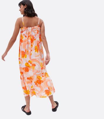 Orange Floral Tiered Strappy Midi Dress New Look