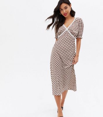 Brown Gingham Lace Trim V Neck Midi Dress
