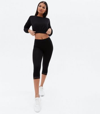 Black Lace Trim Crop Leggings | New Look