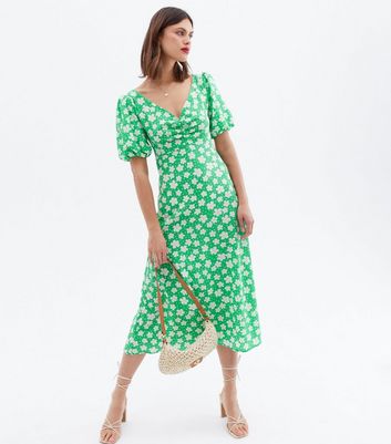 Green Floral Ruched Tie Back Puff Sleeve Midi Dress