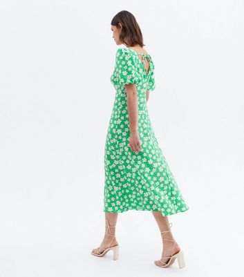 Green Floral Ruched Tie Back Puff Sleeve Midi Dress | New Look