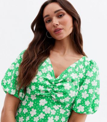 Green Floral Ruched Puff Sleeve Mini Dress New Look