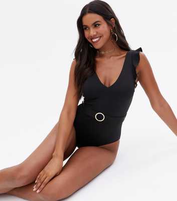 Black Textured Frill Trim Belted Lift & Shape Swimsuit