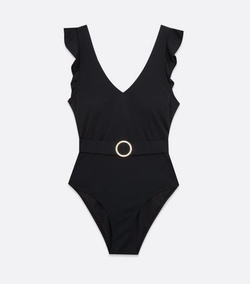 Black Textured Frill Trim Belted Lift & Shape Swimsuit | New Look