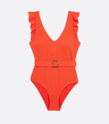 Click to view product details and reviews for Red Textured Frill Trim Belted Swimsuit New Look.